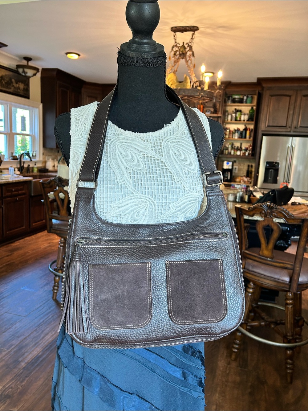 Y2K Longchamp Le Foulonne Brown Pebbled Leather Suede Pocket Crossbody Hobo Bag